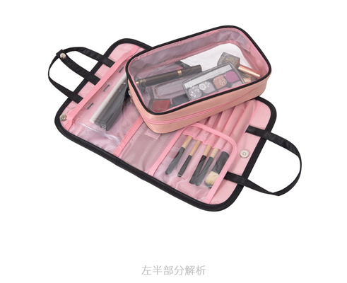 กระเป๋าเครื่องสำอางกันน้ำสีดำสีชมพูพับกระเป๋าเครื่องสำอางพลาสติกใส