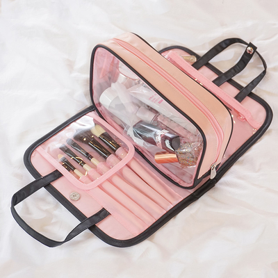 กระเป๋าเครื่องสำอางกันน้ำสีดำสีชมพูพับกระเป๋าเครื่องสำอางพลาสติกใส