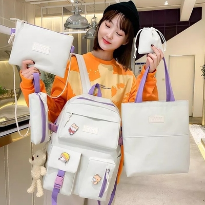 ชุดกระเป๋านักเรียนหญิงผ้าใบ 5 ชิ้นชุดกระเป๋าเป้สะพายหลังสลิงกระเป๋าดินสอ ODM